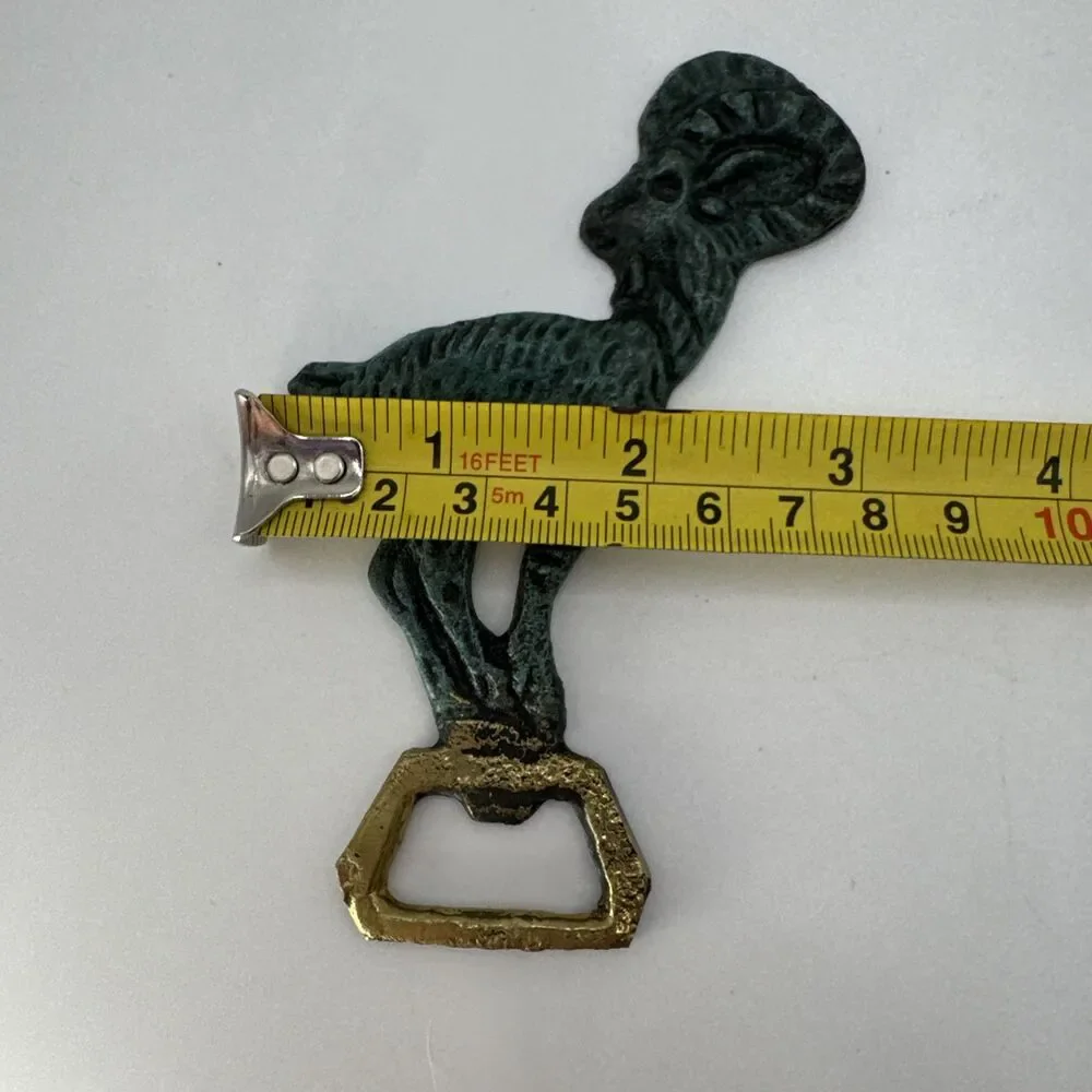 Vintage Brass / Green Ram Goat Bottle Opener VTG Capricorn Bottle Opener 4.75”
